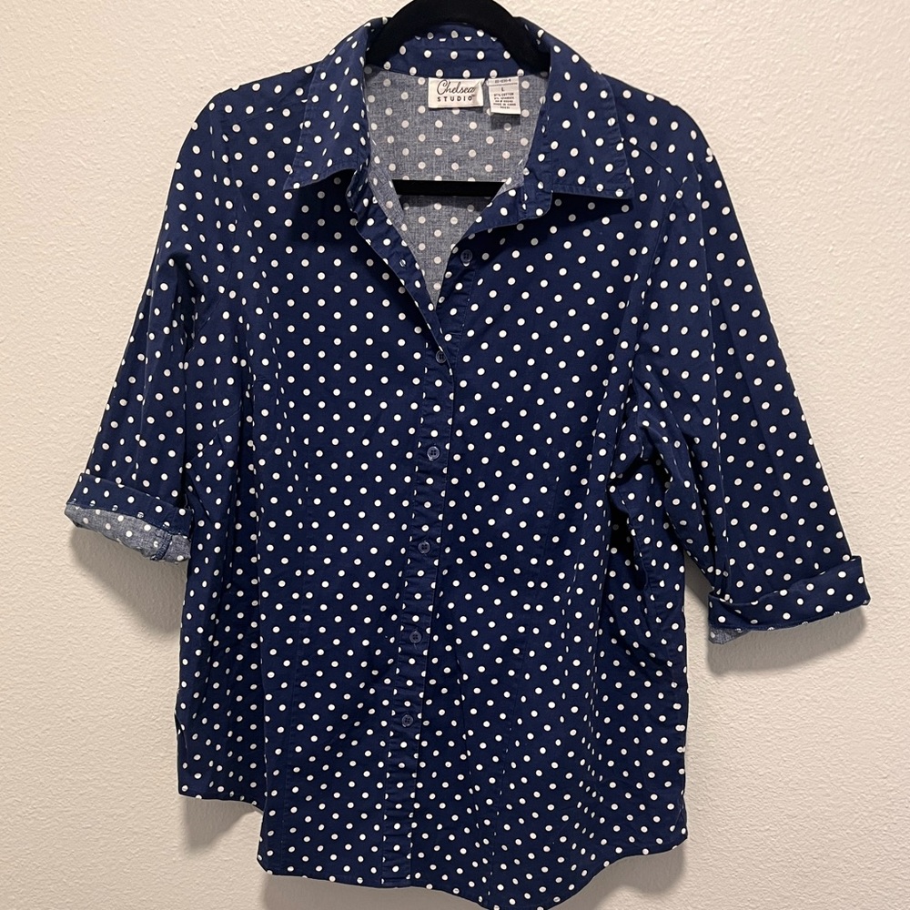 Chelsea Studio Navy and White Women’s Polka Dot Shirt Size Large